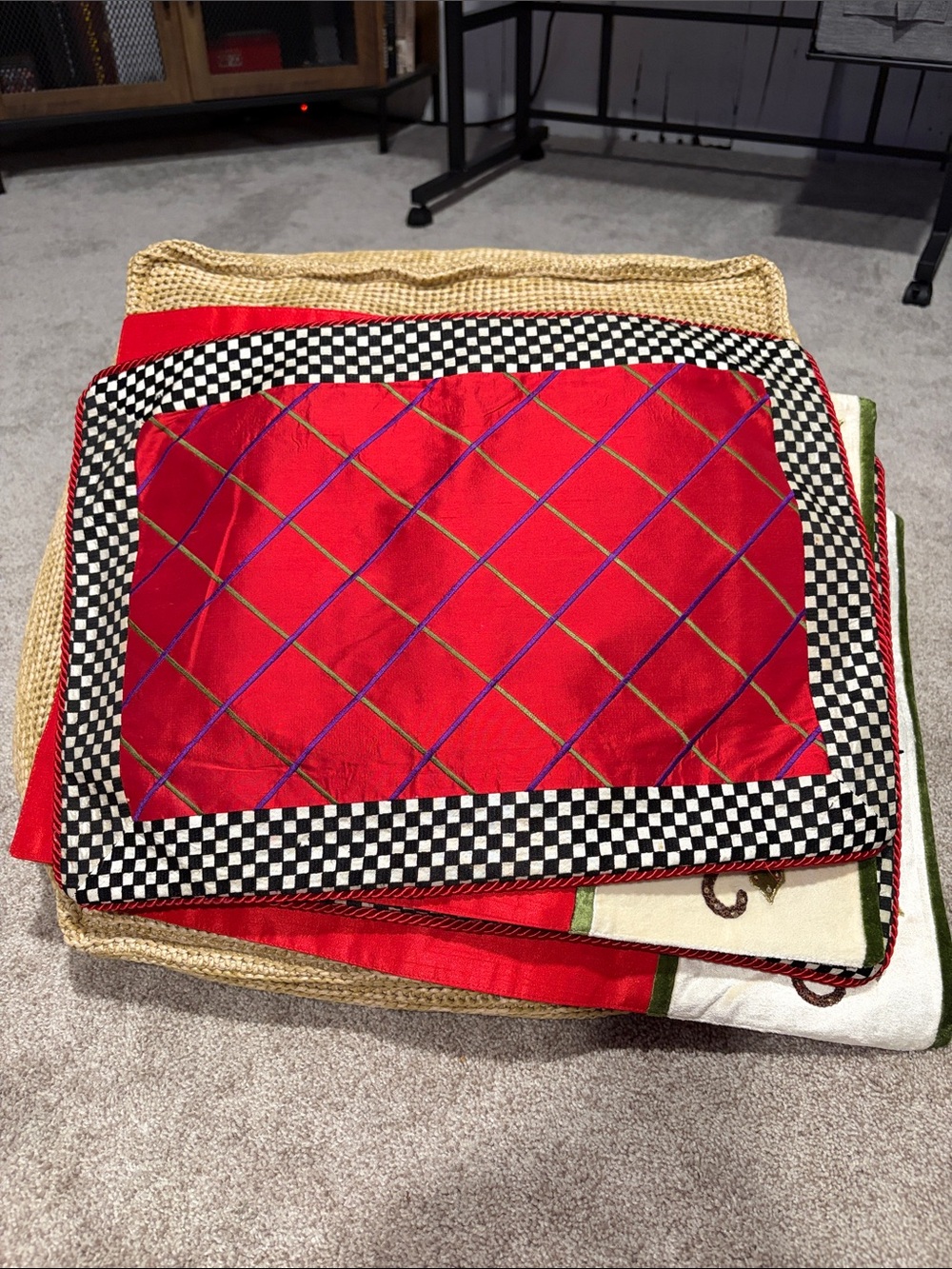 MacKenzie-Childs Red Courtly Check Embroidered Silk Placemats Set of 4